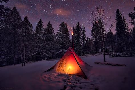Download Star Starry Sky Forest Camping Light Tent Night Snow Photography Winter Hd Wallpaper By