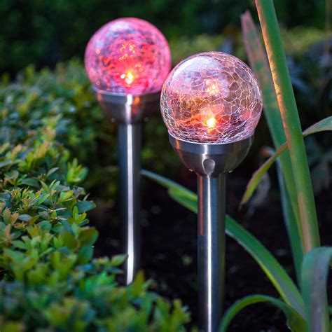 Set Of 2 Crackle Glass Ball Color Changing Solar Garden Landscape Stake