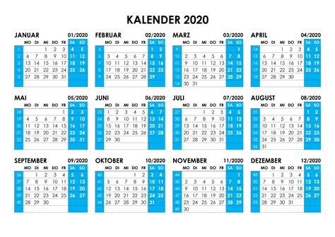 Jahreskalender 2020 Mit Wochennummern Horizontal Kalendersu