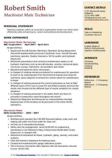 We have resume samples for all job titles and formats. Machinist Mate Resume Samples | QwikResume