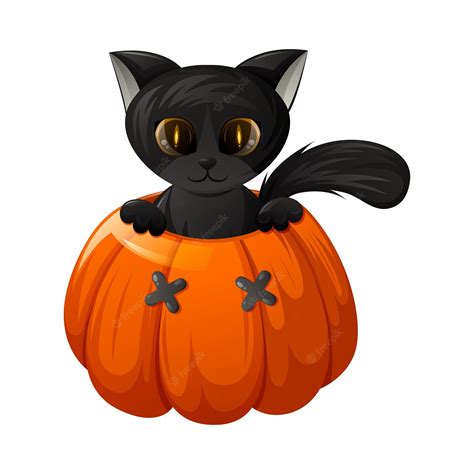 Premium Vector Cute Black Cat In A Halloween Pumpkin With Funny Eyes Cartoon Vector Illustration