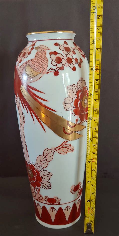 Vintage Gold Imari Hand Painted Vase Red Bird Flowers Japan Etsy
