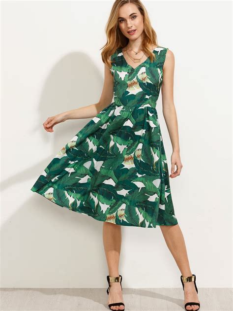 Green Tropical Print Sleeveless A Line Dress Sheinsheinside