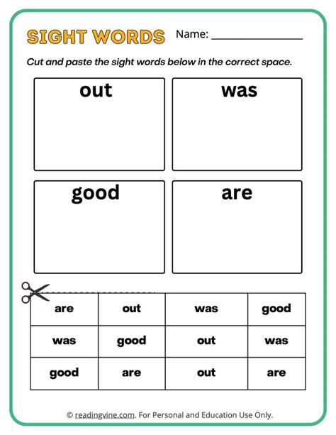 Kindergarten Cut And Paste Sight Words Image Readingvine