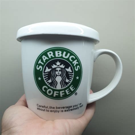 Starbucks Logo Design White Ceramic Mug With Lid Cover Pullbbang