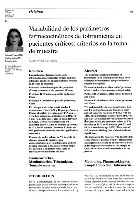 Pdf Variabilidad De Los Parámetros Farmacocinéticos De Tobramicina En