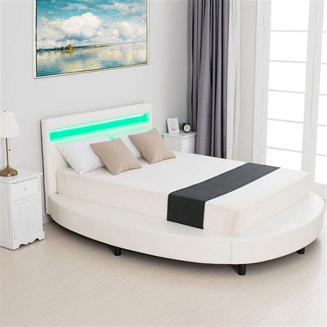 Mecor Modern Upholstered Round Platform Bed With Led Light Headboard Faux Leather Bed Frame