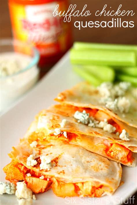 In a large skillet cook quesadillas, half at a time, over medium heat for 4 to 5 minutes or until golden and cheeses are melted, turning once. Buffalo Chicken Quesadillas Recipe - Six Sisters' Stuff