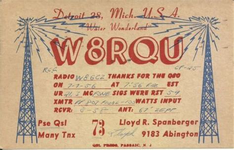 Vintage W8rqu Detroit Michigan Usa 1956 Amateur Radio Qsl Card Ebay