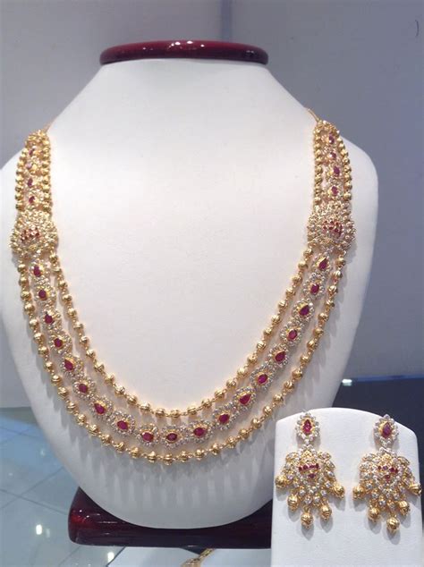 Jewellery Designs Designer 3 Layers Chandra Haram Set With Czs