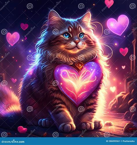 Maine Coon Cat Hugging Heart Cute Cat With A Heart On The Background Of