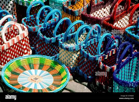 Stacks Of Colorful Handmade Woven Baskets On Display At A Mexican