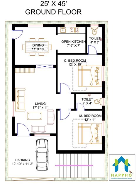 Floor Plan For 25 X 45 Feet Plot 2 Bhk 1125 Square Feet125 Sq Yards