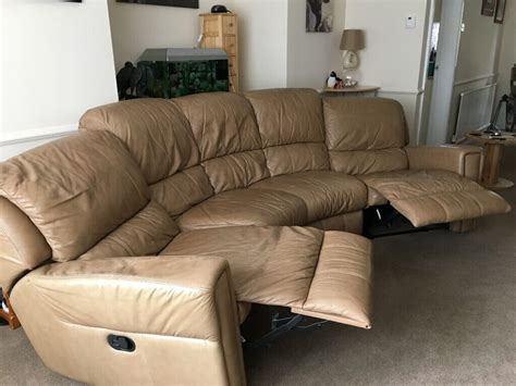Curved Leather Four Seater Light Tan Sofa In Market Weighton North