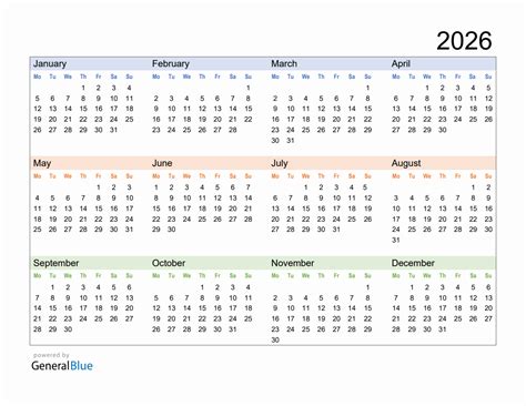 Free Downloadable 2026 Yearly Calendar Template