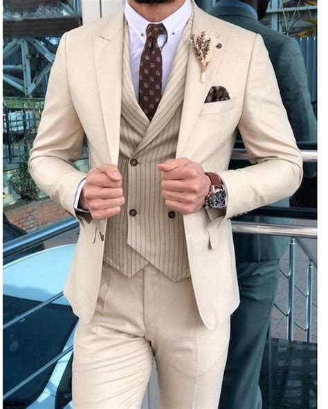 Men Suits Ivory 3 Piece Striped Vest Slim Fit Elegant Formal Etsy