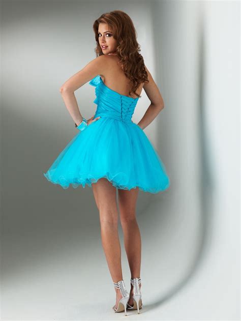 turquoise a line strapless lace up short mini pleated tulle homecoming dresses with bownot