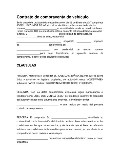 Contrato De Compraventa De Vehículo Propiedad Gobierno Free Download