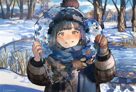 Wallpaper Gadis Anime Musim Dingin Salju Pohon Daun Daun Es