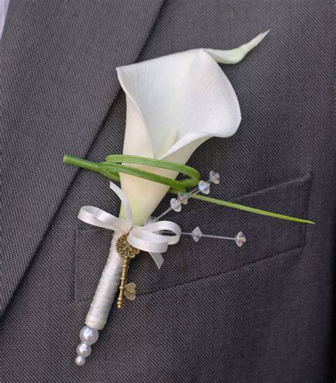 Grooms Ivory Calla Lily Crystal And Vintage Key Wedding Buttonhole Button Holes Wedding