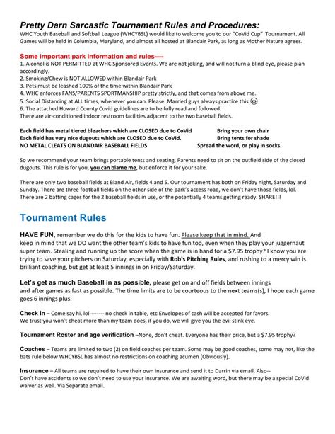 Tournament Rules And Procedures WHC Youth Baseball And Softball League