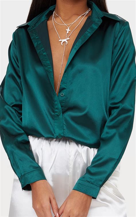 Emerald Green Satin Button Front Shirt Prettylittlething Ie