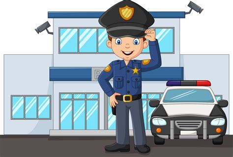 Cartoon Policeman Standing In City Police Department Building 7098377