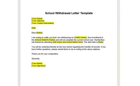 School Withdrawal Letter Template Withdrawal Letter Template School