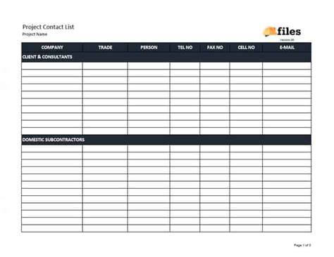 Project Contact List Construction Documents And Templates