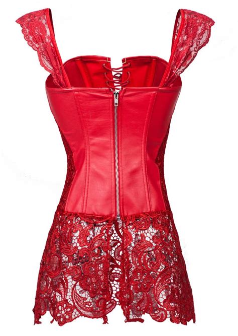 Steampunk Sexy Red Faux Leather Long Lace Embellished Corset With Lace