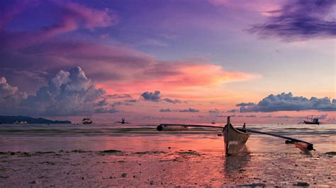1920x1080 Shore Island Boat Ocean Evening Philippines Sunset