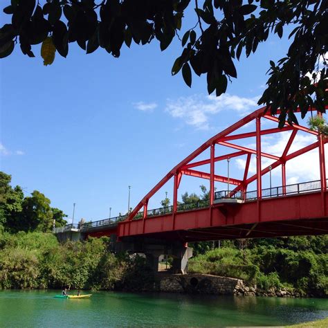 Red Bridge In Yomitan Beautiful Walking Trail Beside The Water