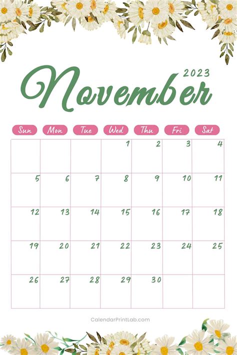 November 2023 Floral Calendar Printable With Flower Designs