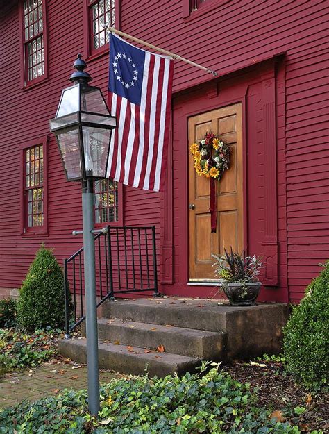 New England Door And Betsy Ross Flag Primitive Homes Red Houses