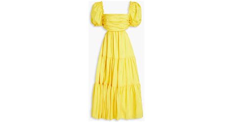 Rebecca Vallance Izzy Tiered Cutout Silk Satin Midi Dress In Yellow Lyst