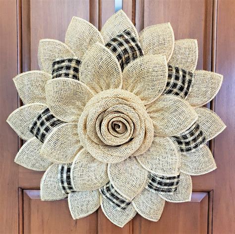 Beige Natural Black Daisy Rose Poly Burlap Flower Wreath Etsy