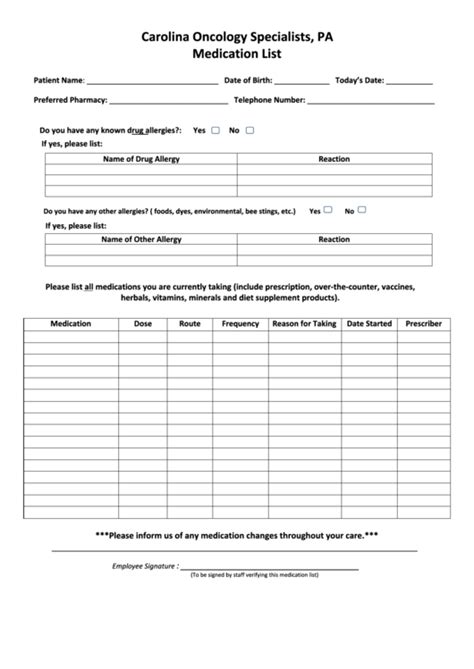 Medication List Form Printable Pdf Download