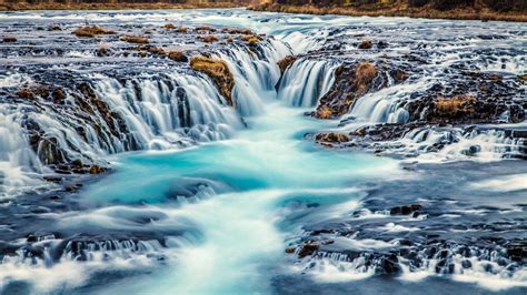 Bruarfoss Waterfall Turquoise Blue Water In Iceland Nature Landscape 4k