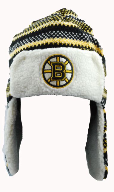 Boston Bruins Reebok Nhl Striped Trapper Style Knit Cap With Ear Flap