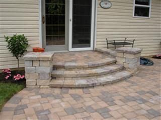 Beautiful masonry front steps with blue stone, real stone pillars and limestone caps. Bing : curved front porch steps | Patio stones, Patio ...