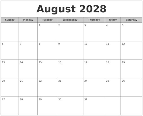 August 2028 Free Monthly Calendar