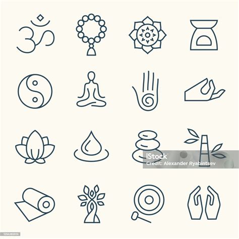 Медитация И Йога Линии Иконы — стоковая векторная графика и другие изображения на тему Иконка
