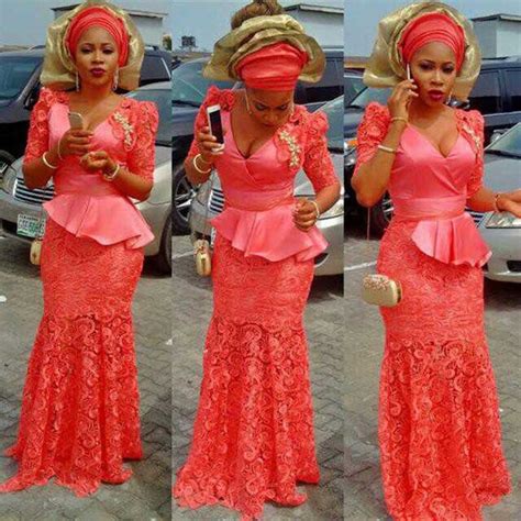 2019 Watermelon Red Lace Evening Dress Mermaid Nigeria Style Fashion