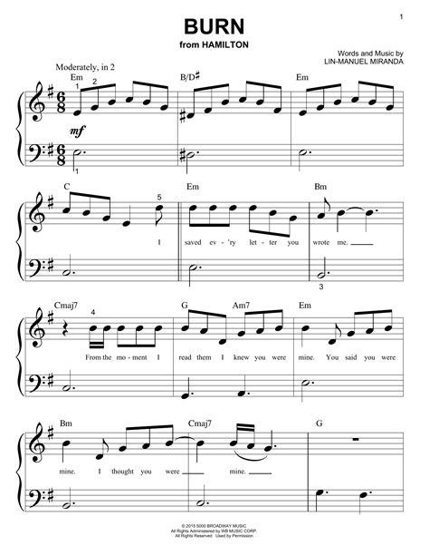 Burn From Hamilton Sheet Music Lin Manuel Miranda Big Note Piano