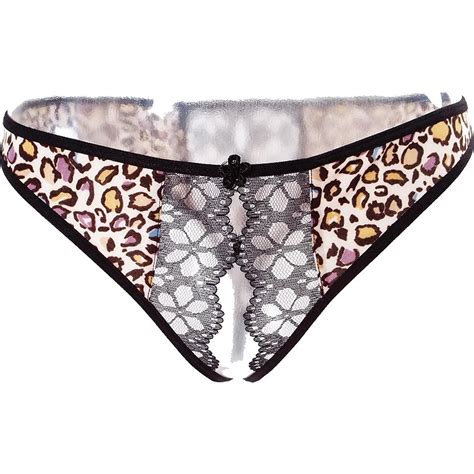 Ochiria Sexy Leopard Sheer Transparent Chiffon Open Crotch Thong Underwear For Women G String C