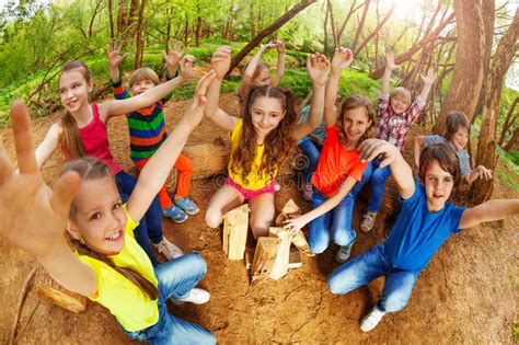 Happy Kids Raising Their Hands Up Forest Stock Photos Free And Royalty