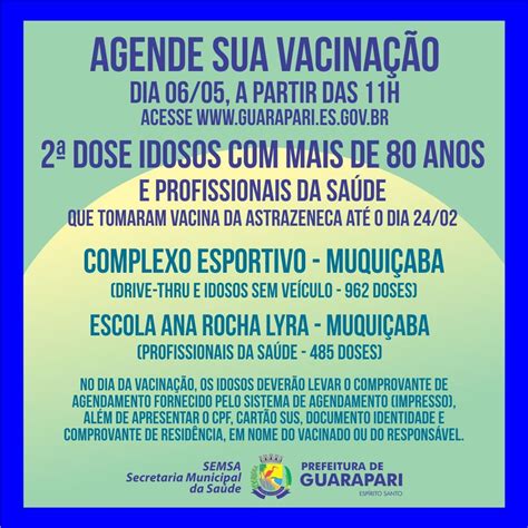 Informação atualizada a 19 de abril de 2021. Covid-19: Prefeitura de Guarapari abre novo agendamento ...