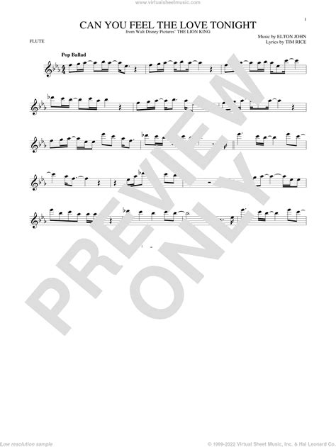 John Can You Feel The Love Tonight Sheet Music For Flute Solo