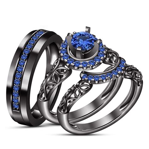 Mens Womens Engagement Ring Trio Set Blue Sapphire Black Gold Over