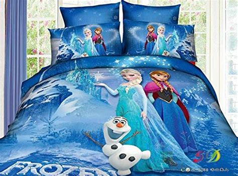Frozen Cartoon Bedding Princess Elsa Anna Set 4 Pcs Cotton Bed Sheet Blue Duvet Cover And